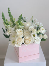 Load image into Gallery viewer, A collection of white flowers grouped by flower variety designed in a pink square box.