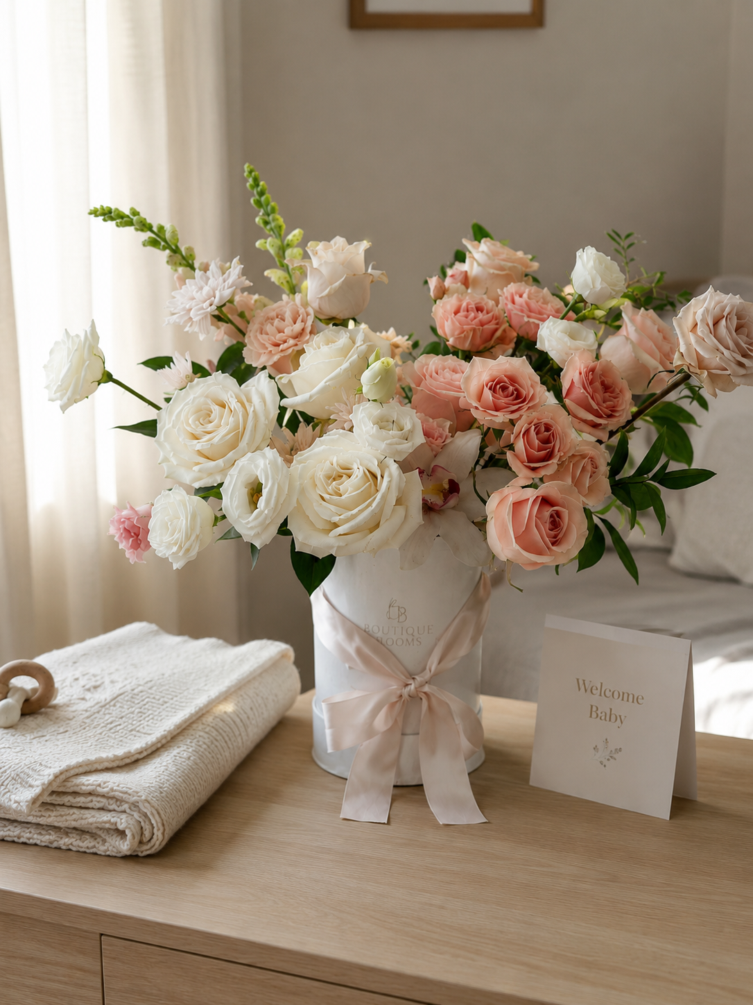 Bouquet of pink and white flowers in a vase on a wooden surface with a card and towel.