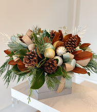 Load image into Gallery viewer, Decorative floral arrangement with pinecones, ribbons, and ornaments on a white surface.
